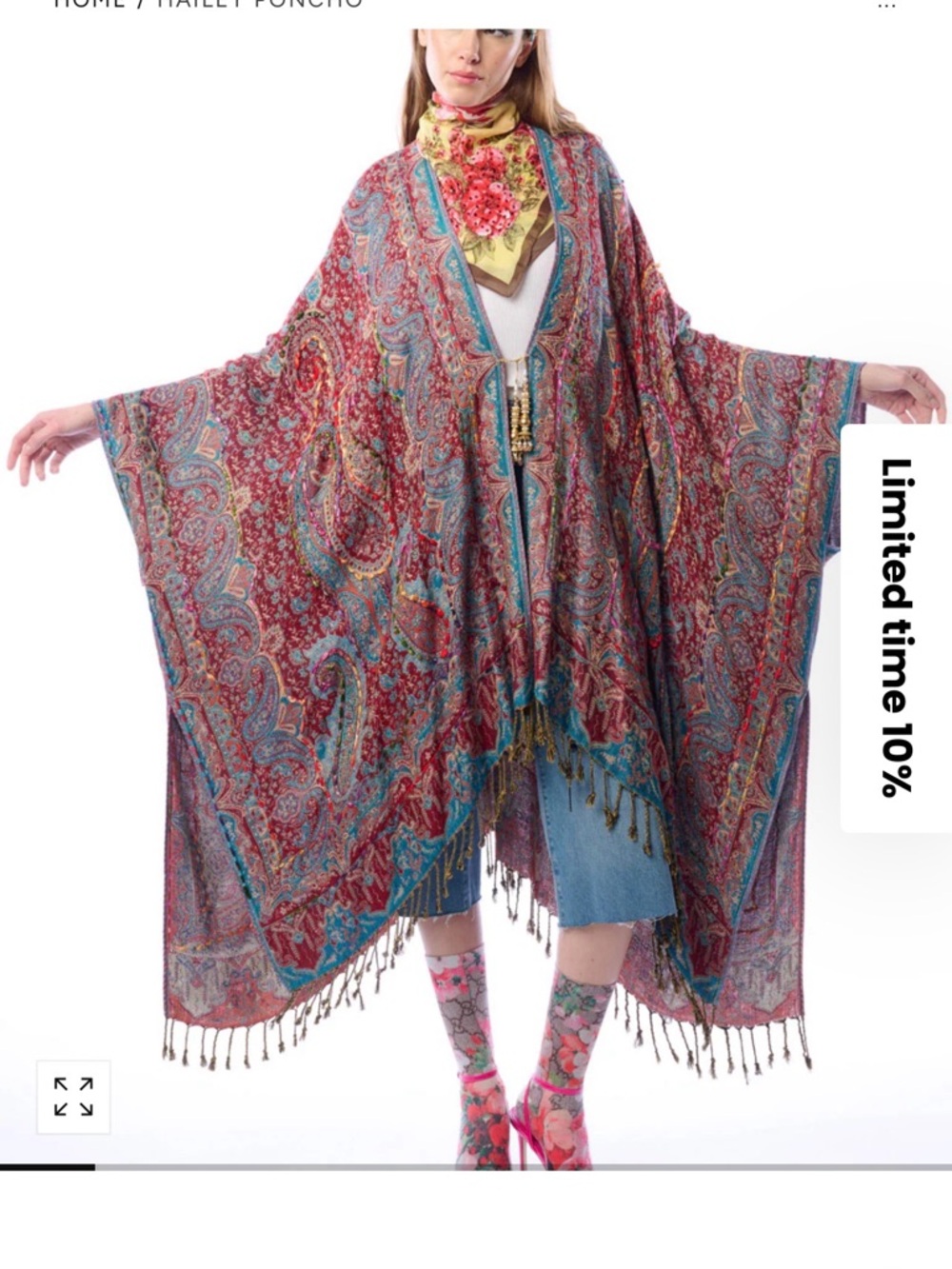ARATTA Hailey Poncho - Red Multi Paisley Knit Wrap